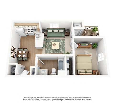 a stylized 3d floor plan with a bedroom and a living room